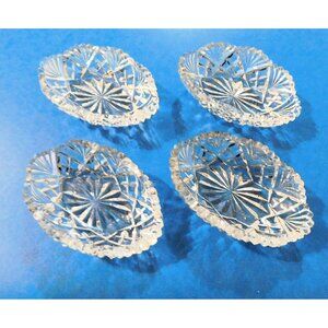 4 Vintage Salt Cellars Cut Glass Oval Sawtooth Rim Intricate Starburst Design